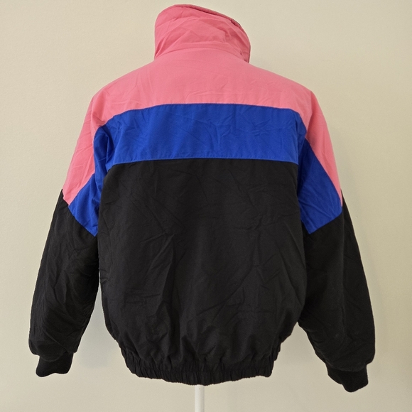 American Eagle Retro Colorblock Striped Puffer Coat Size Large Pink Blue Black - Picture 2 of 8